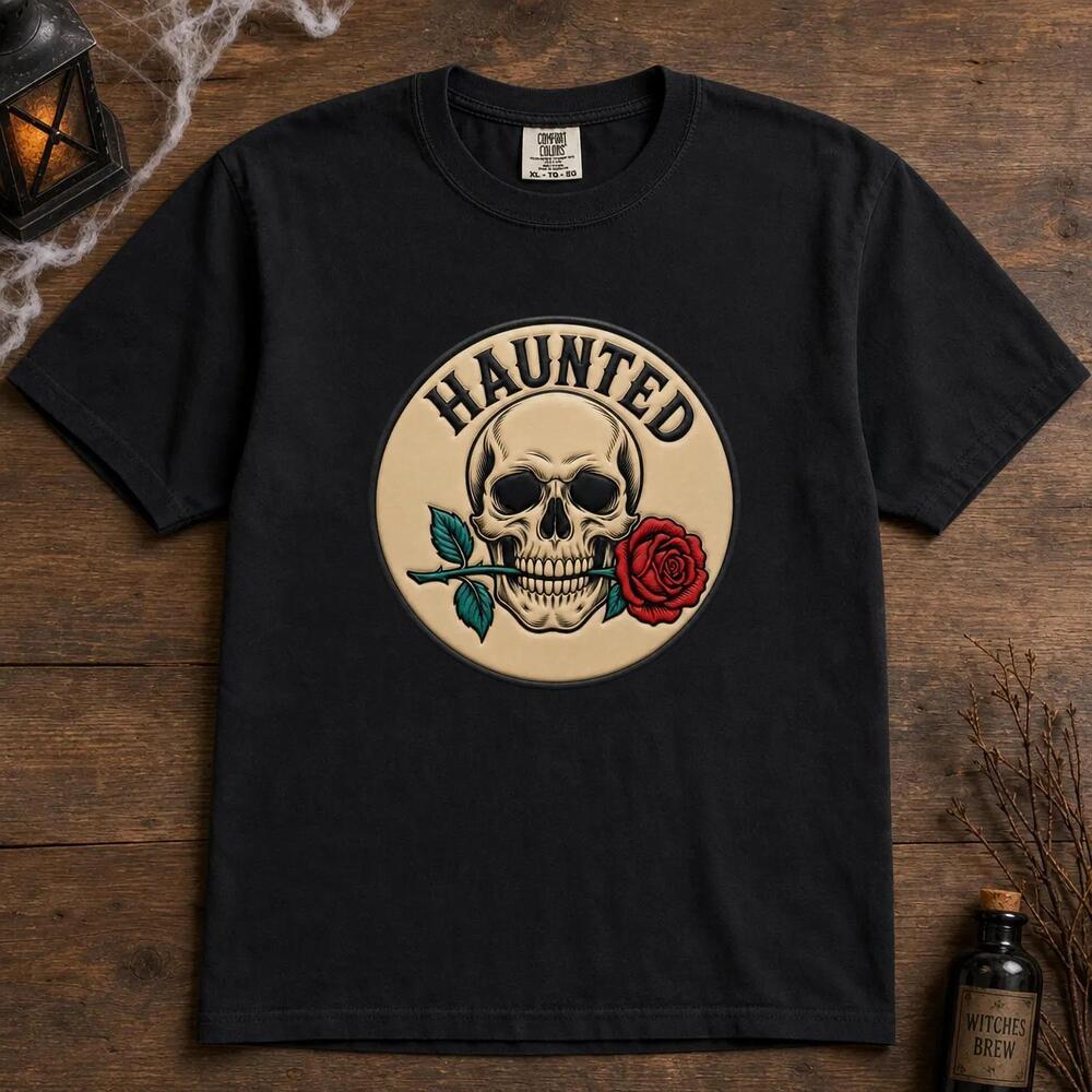 Haunted Skull Rose Tattoo Tee, Gothic Blackletter Print, Heavyweight